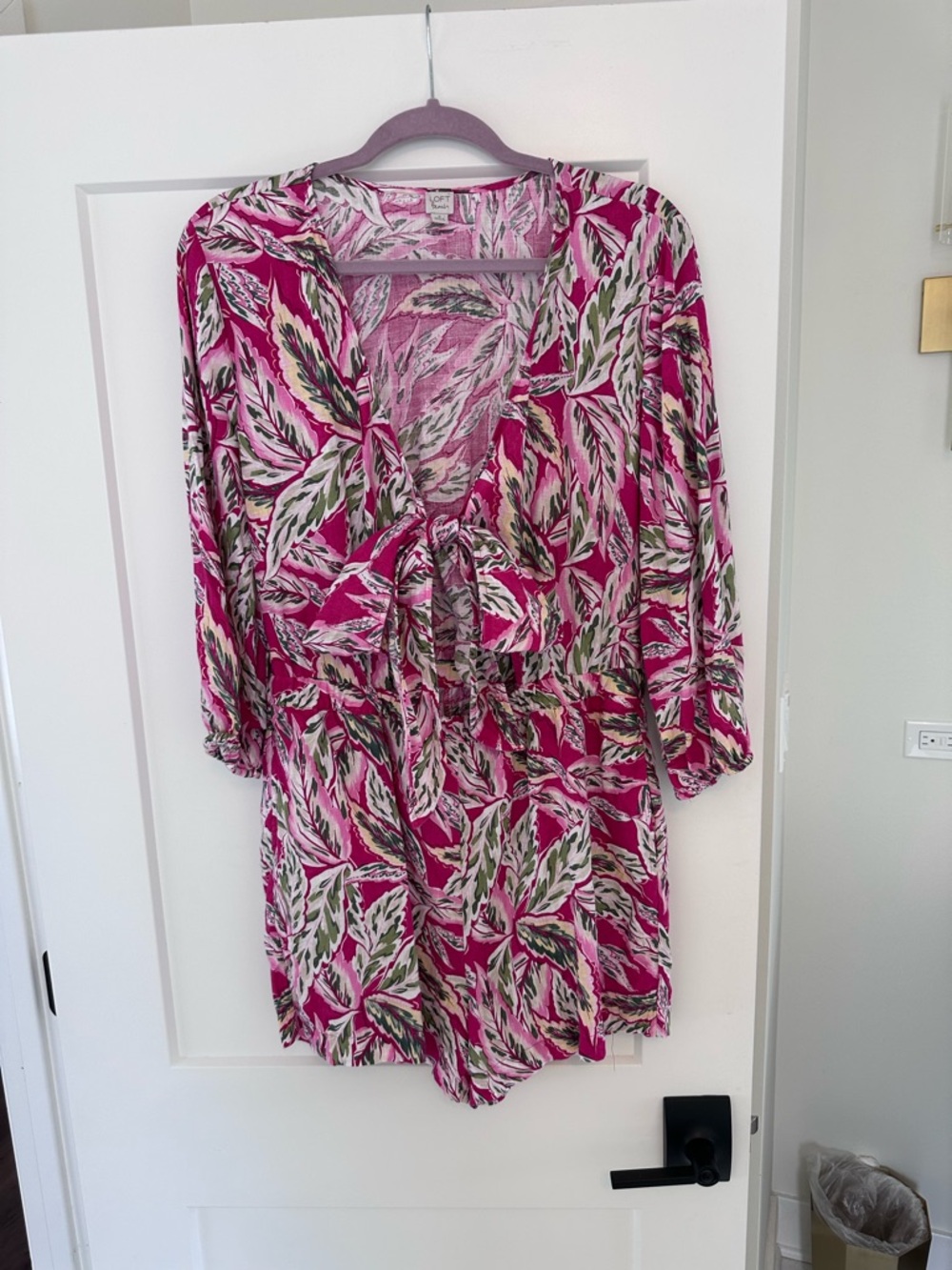 LOFT Pink and Green Leaf-Print Romper with Tie Front